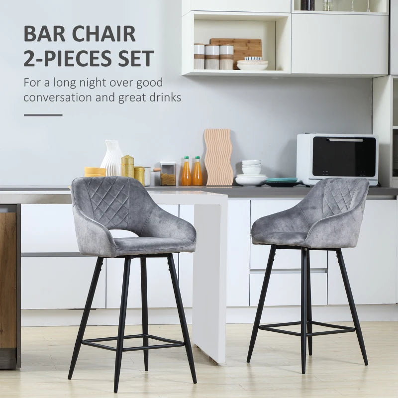 Grey Velvet Counter Height Bar Stools Set of 2 with Steel Legs