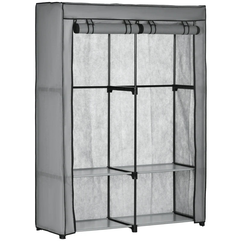 Portable Fabric Wardrobe with Shelves and Hanging Rails, Light Grey