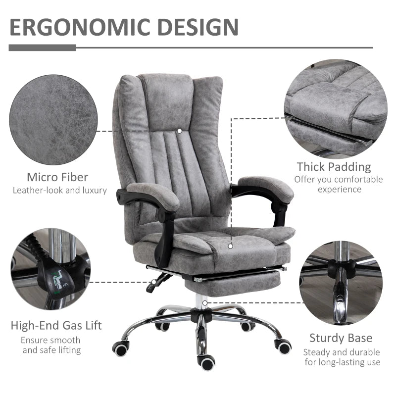 Grey Microfibre Home Office Chair with Reclining Function & Footrest