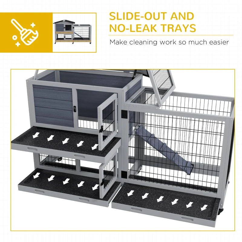 Grey Portable Rabbit Cage with Run, Wheels, Ramp - Indoor/Outdoor