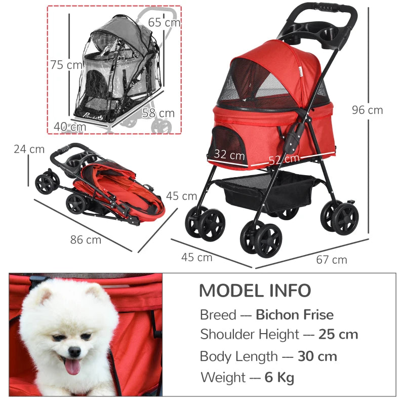 Red Dog Stroller with Rain Cover and Safety Features