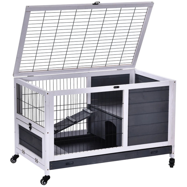 White Wooden Small Animal Hutch with Openable Roof and No-Leak Tray