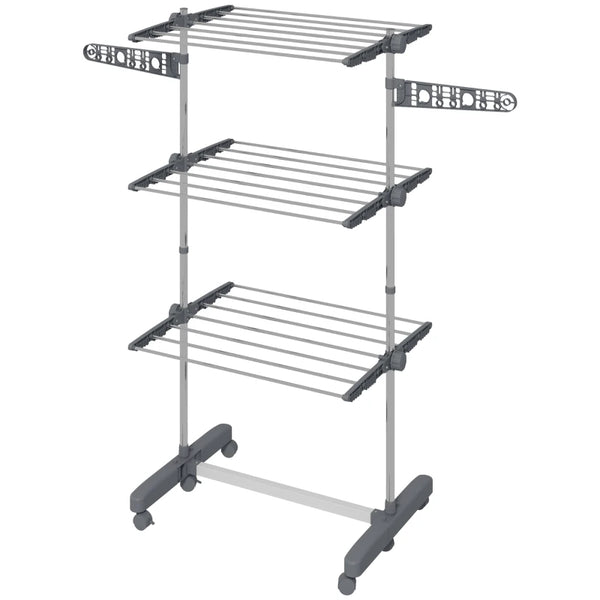 Grey 3-Tier Folding Clothes Drying Rack with Side Arms and Wheels