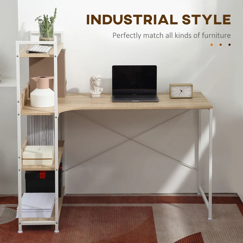 Oak Computer Desk with 4-Tier Storage Shelf and Bookshelf, Metal Frame - 120 x 70 x 120cm