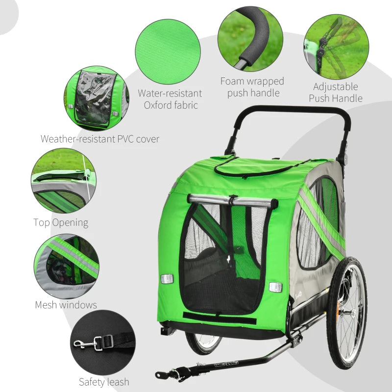 Green 2-In-1 Dog Bike Trailer & Pet Stroller with Reflectors