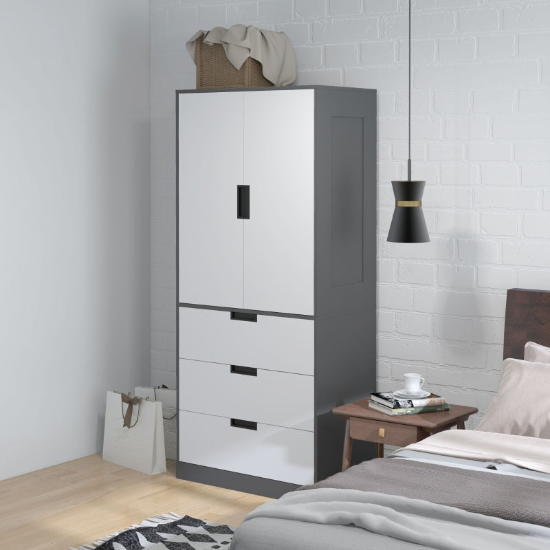 Grey 2-Door Wardrobe with Drawers and Hanging Rod for Bedroom