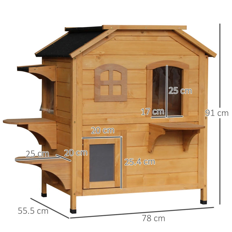 Wooden 2-Story Outdoor Cat House - Weatherproof, Natural Wood Finish