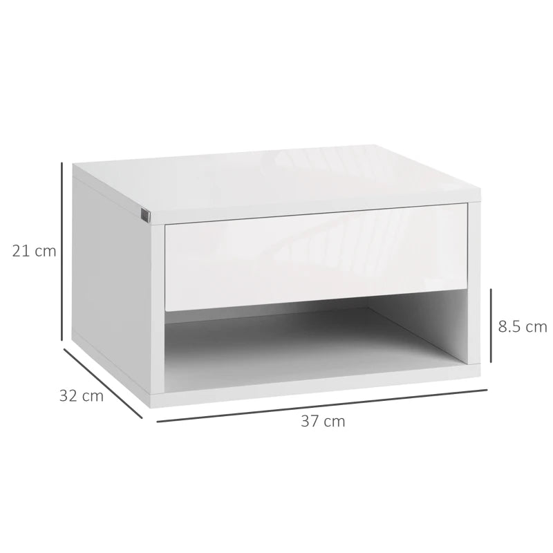 White Wall Mounted Bedside Table with Drawer and Shelf, 37 x 32 x 21cm