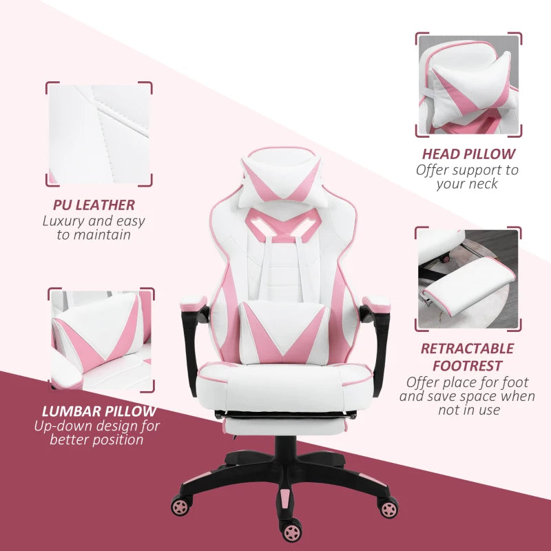 Pink Gaming Chair with Lumbar Support, Footrest, and Headrest