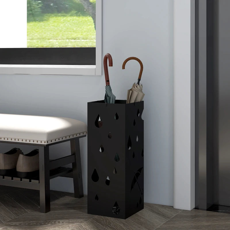 Dark Grey Freestanding Umbrella Holder with Hooks and Drip Tray