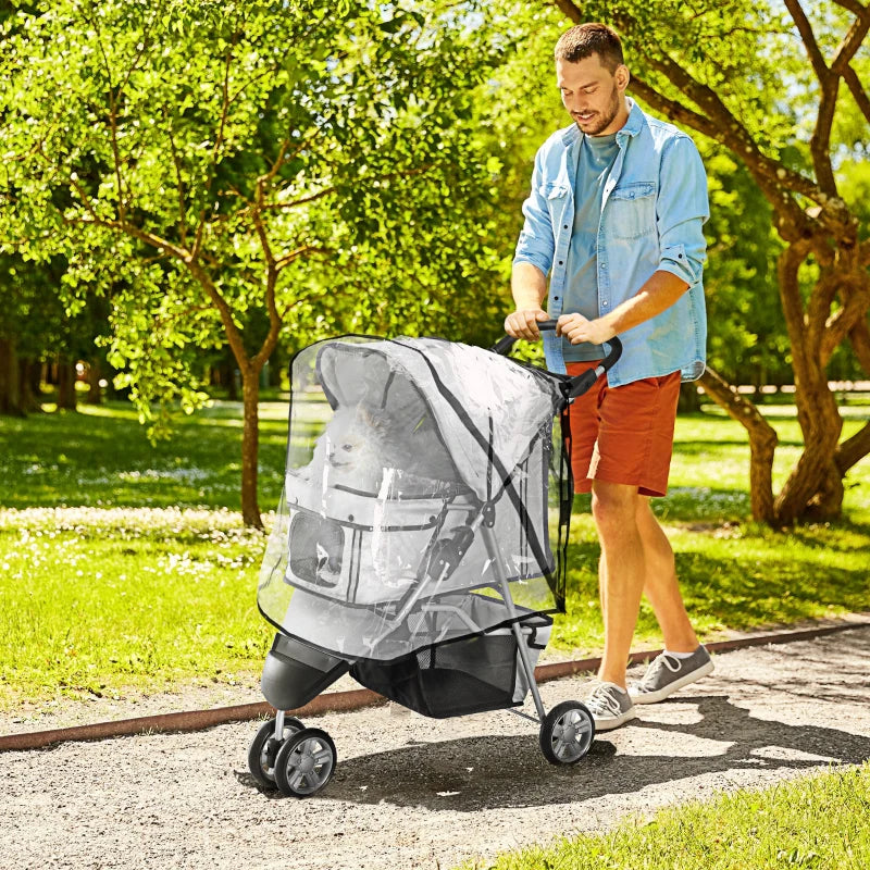 Grey Pet Stroller with Cover for Small Dogs, Folding Cat Pram