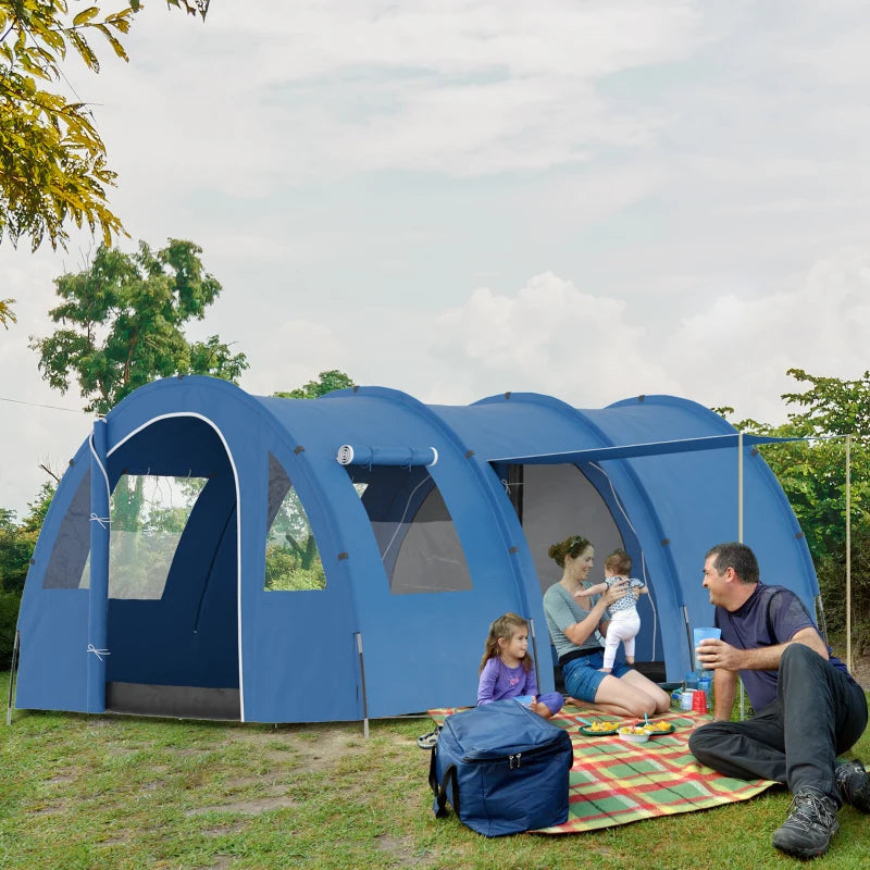 6-Person Blue Tunnel Camping Tent with Two Rooms and Carry Bag