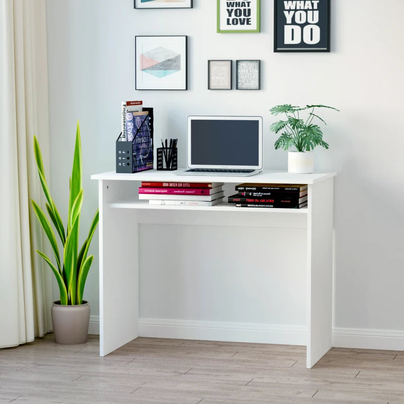 White Wood Grain Small Home Office Desk with Storage Shelf