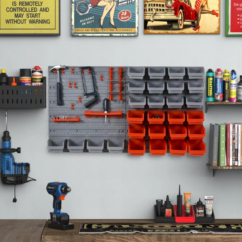 Red Wall Mounted Tool Rack Organizer with 44 Pieces