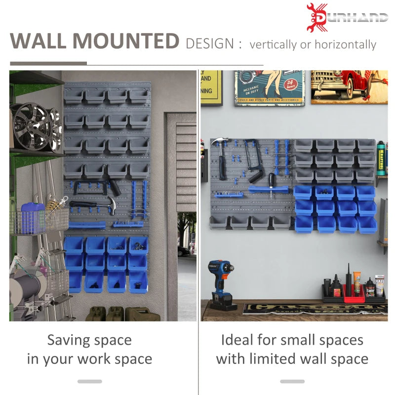 Blue Wall Mounted Tool Rack Organizer with 44 Storage Bins and Shelf