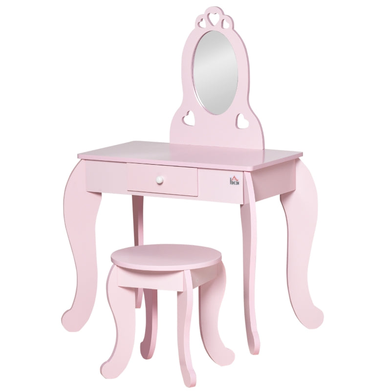 Kids Pink Vanity Table & Stool Set with Mirror - Dressing Play Desk