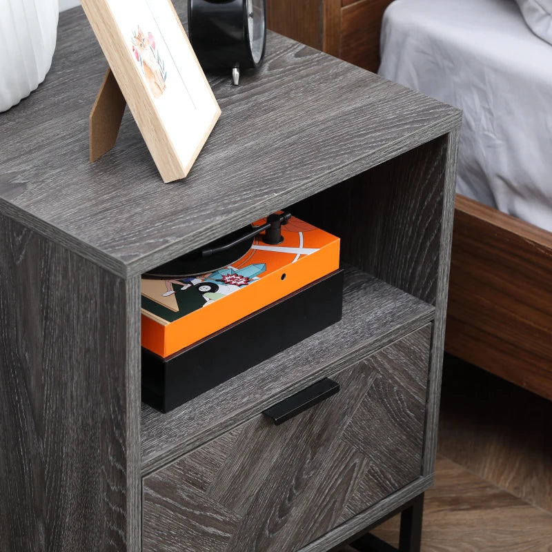 Dark Grey Bedside Table with Drawer and Shelf