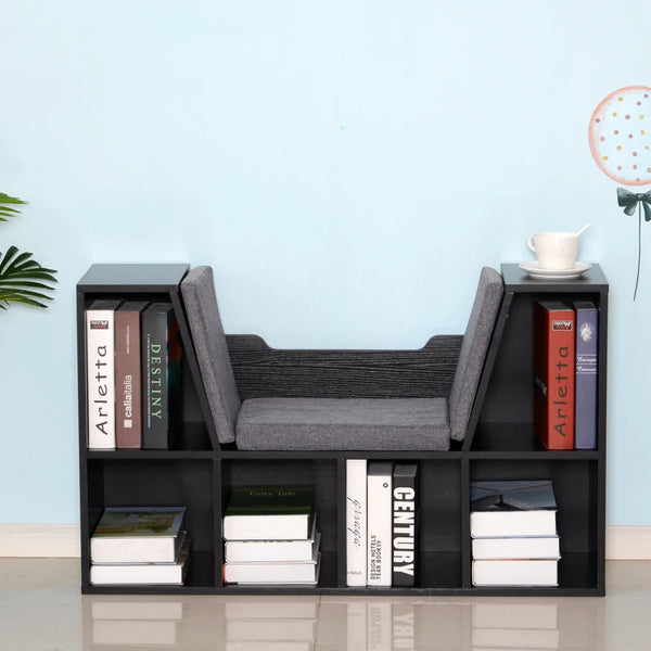 Black 6-Compartment Bookcase with Padded Seat