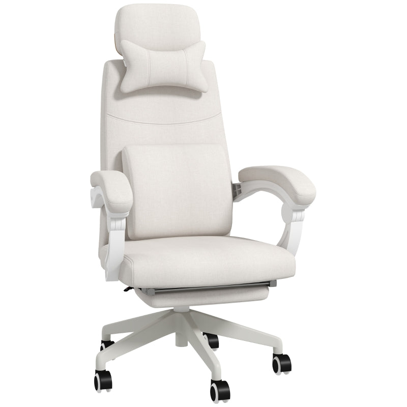 White Linen-Look Office Chair with Reclining Back and Footrest