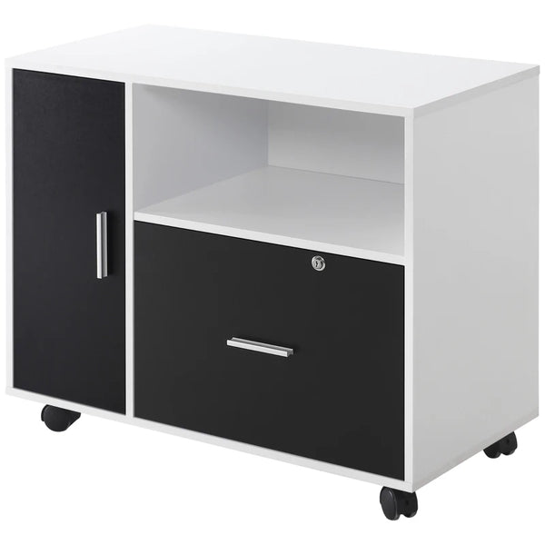 Black and White Mobile File Cabinet with Lockable Drawer and Shelf