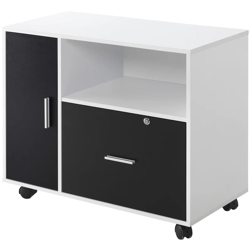 Black and White Mobile File Cabinet with Lockable Drawer and Shelf
