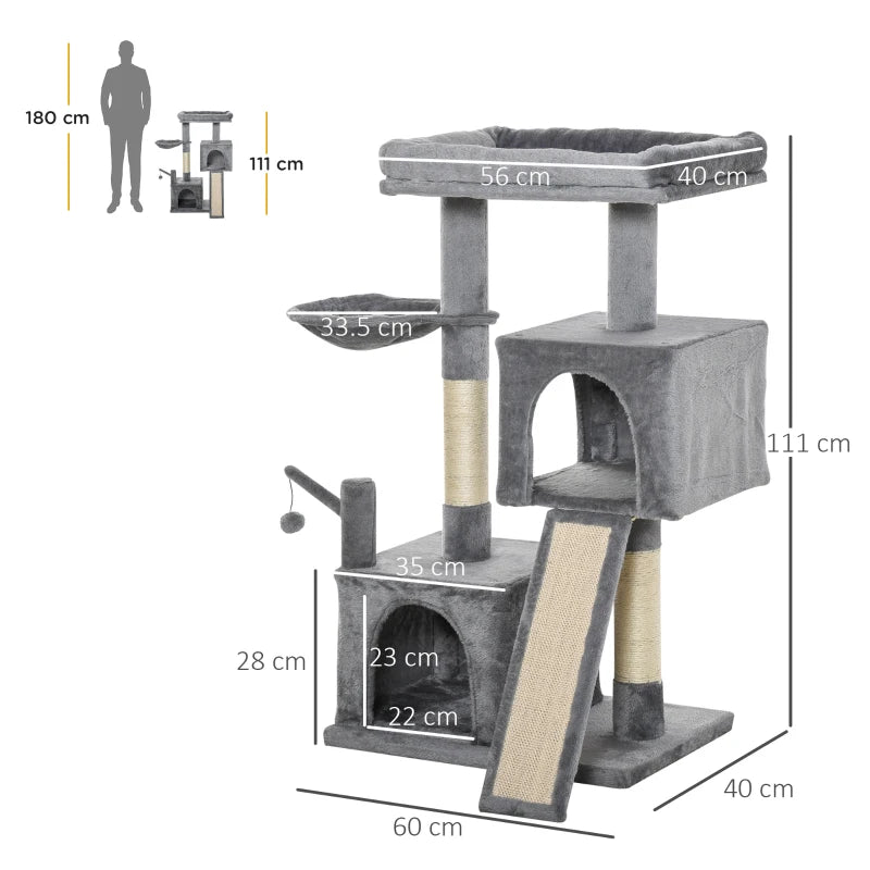 Grey Cat Tree Tower with Scratching Post and Hammock