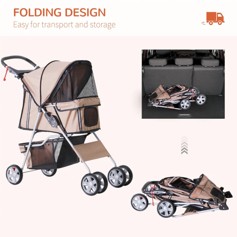 Brown Dog Stroller with Rain Cover for Small Dogs