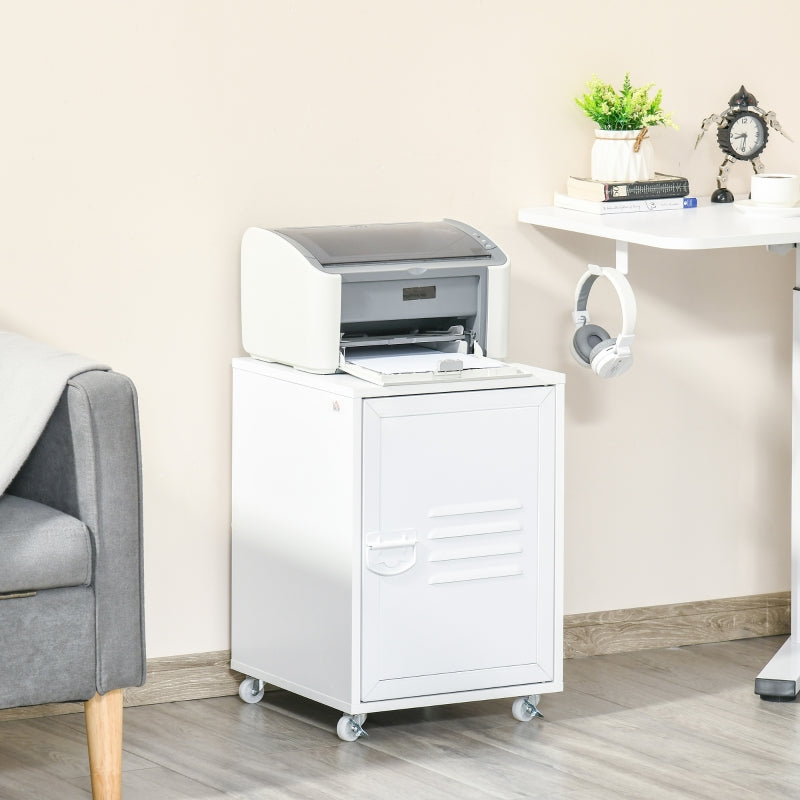 White Industrial Rolling Bedside Table with Adjustable Shelf