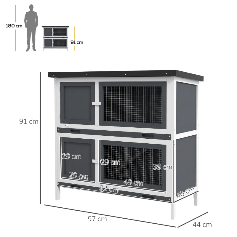 Grey 2 Tier Outdoor Rabbit Hutch with Sliding Tray, 100 x 47 x 91cm