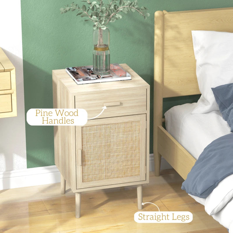 Rattan Boho Bedside Tables Set of 2, Natural Wood Effect