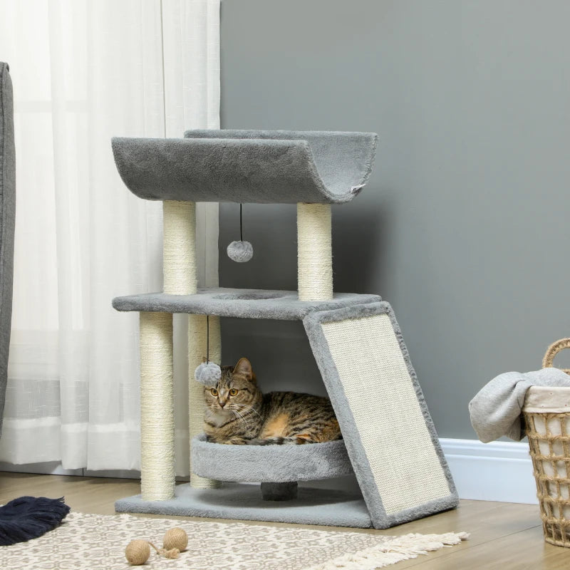 Cat Tree Tower with Scratching Posts, Pad, Bed, Perch, Toy Ball - Light Grey