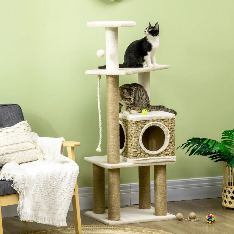 Beige Cat Tree with Scratching Post, House & Toy Ball