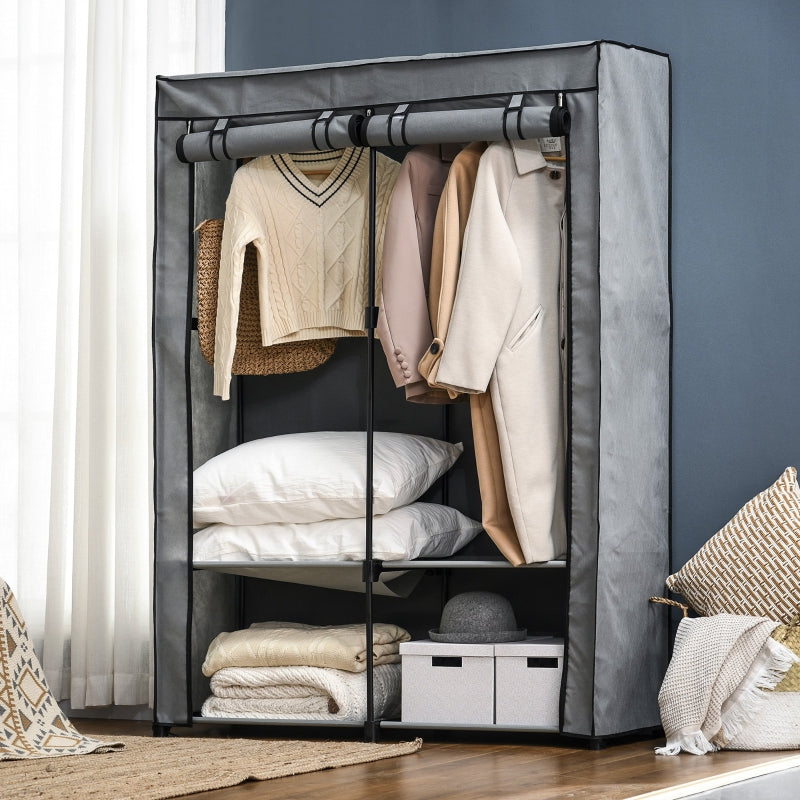 Portable Fabric Wardrobe with Shelves and Hanging Rails, Light Grey