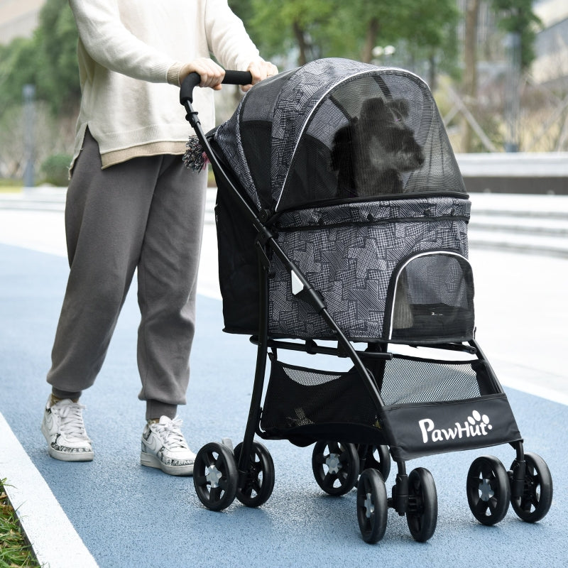 Grey Pet Stroller with Large Carriage and Storage Bag