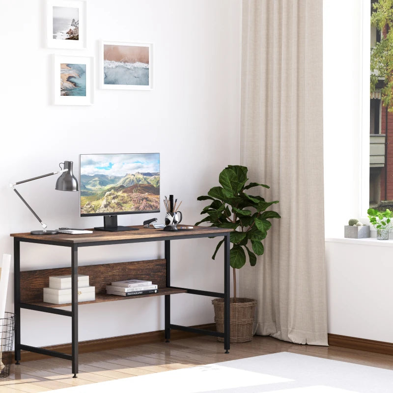 Rustic Brown Computer Desk with Storage Shelf, 120 x 60cm, Metal Frame