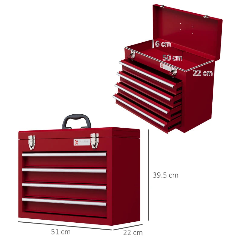 Red 4-Drawer Lockable Metal Tool Box with Handle and Ball Bearing Runners