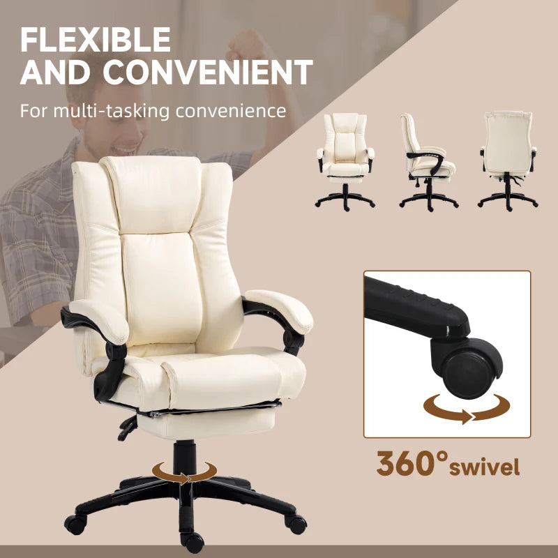 Swivel Office Chair with Footrest, Wheels, Adjustable Height - Cream White