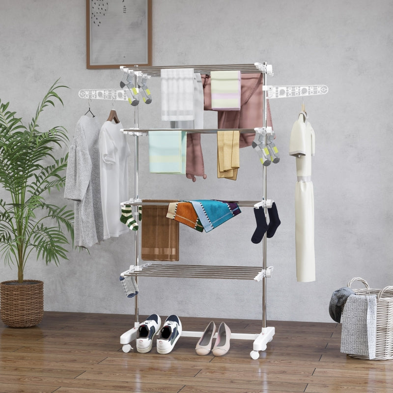 White 4-Shelf Folding Clothes Drying Rack with Side Arms and Wheels