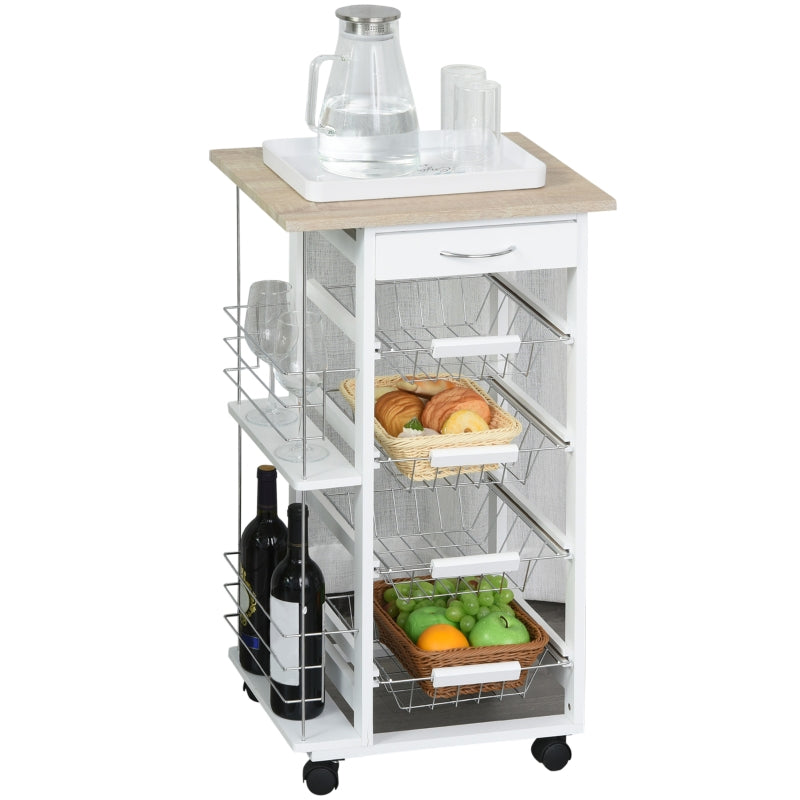 4-Basket Rolling Kitchen Cart with Side Racks, Natural and White