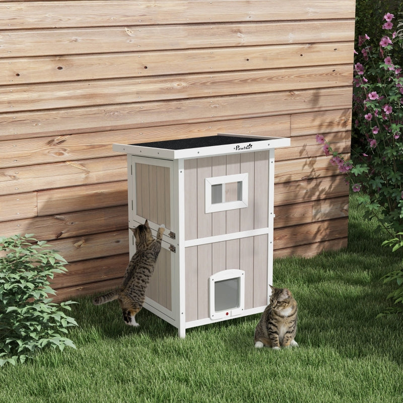 Wooden 2-Tier Cat Shelter with Escape Doors & Asphalt Roof - Light Grey