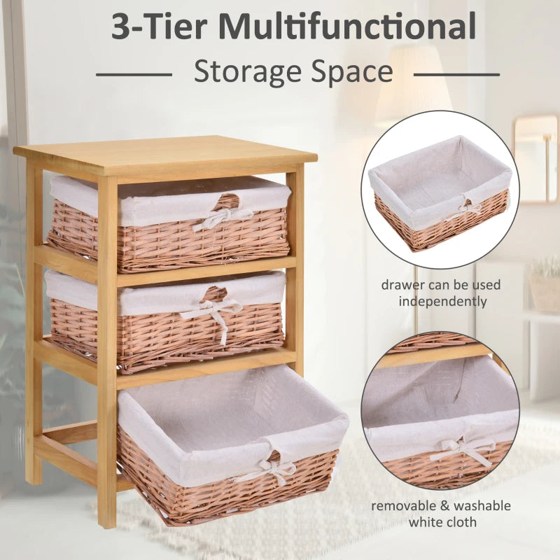 3-Drawer Wicker Basket Storage Shelf - Natural Wood Organizer