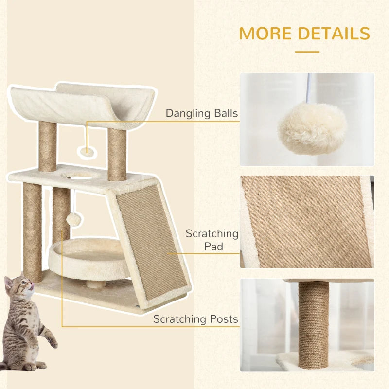 Cat Tree with Scratching Posts, Pad, Bed, Perch & Ball - Light Brown