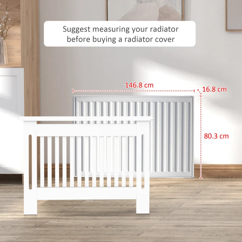 White Slatted Radiator Cover Cabinet with MDF Lined Grill (152 x 19 x 81 cm)