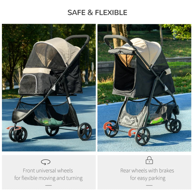 Foldable Pet Stroller with Rain Cover - Khaki, XS/S Dogs