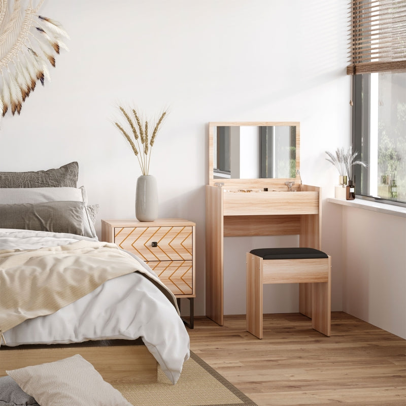 Wood Grain Dressing Table Set with Padded Stool and Flip-up Mirror