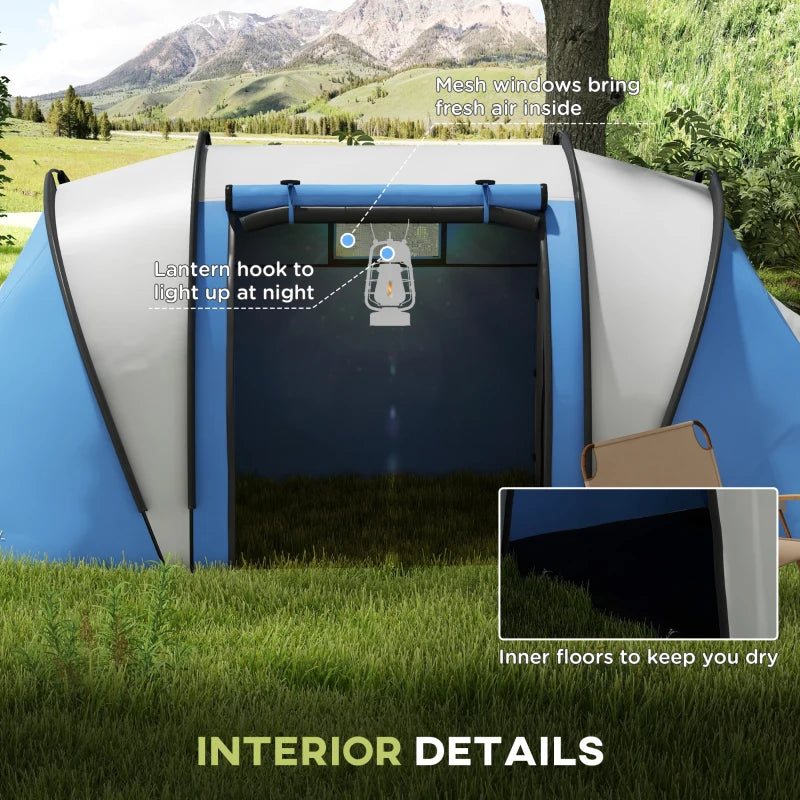 Blue 2-Bedroom Waterproof Camping Tent for Family Fishing and Hiking