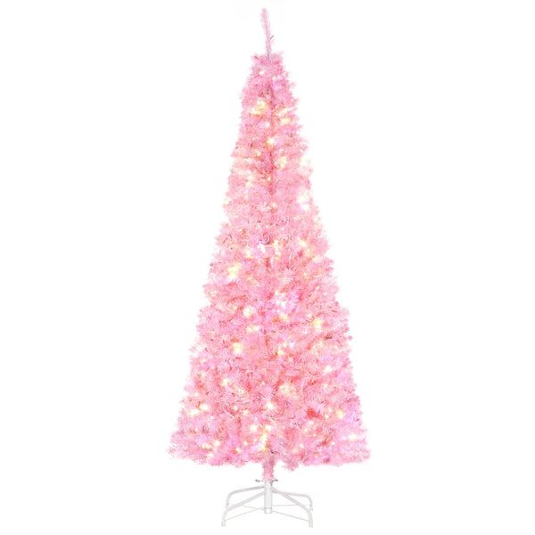 6FT Pink Pre-lit Pencil Slim Christmas Tree with Warm White LED Lights