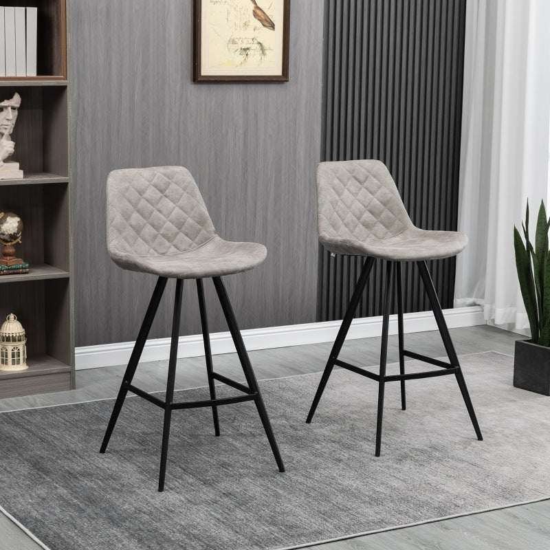 Grey Microfiber Bar Stools Set of 2 - Padded Steel Frame Footrest - Quilted Kitchen Chairs