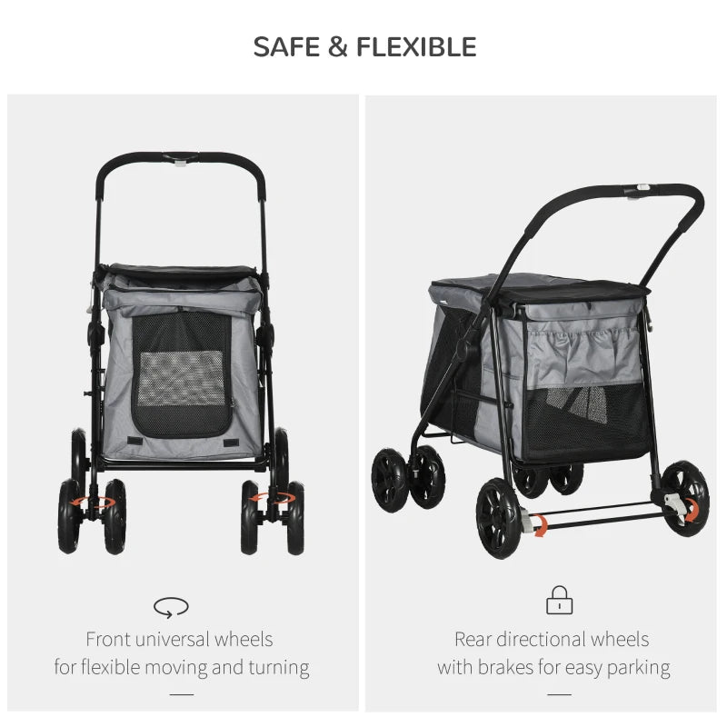 Grey Pet Stroller with 4 Wheels for Small and Medium Dogs