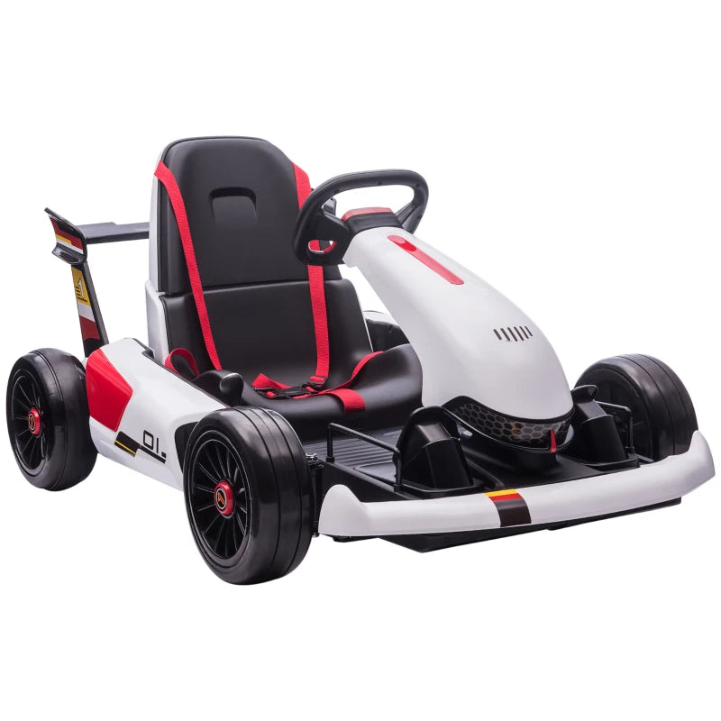 Electric Kids Go Kart - White, Adjustable Footrest, Reversing Steering, 12V Battery, 2 Speeds, Remote Control